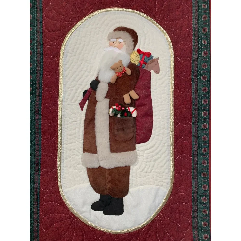 1996 Vintage Appliqué Quilted Block Old World Santa Wall Hanging With Rod 33x21